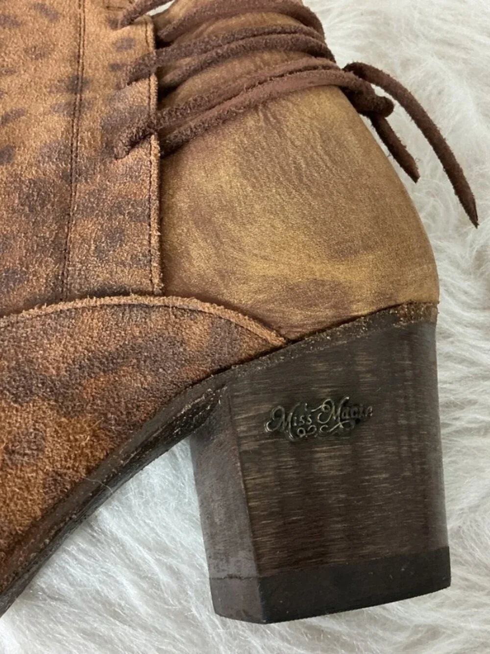 Miss Macie Well I'll Be Brown Leopard Suede Lace Up Back Ankle Boots Western 9B
